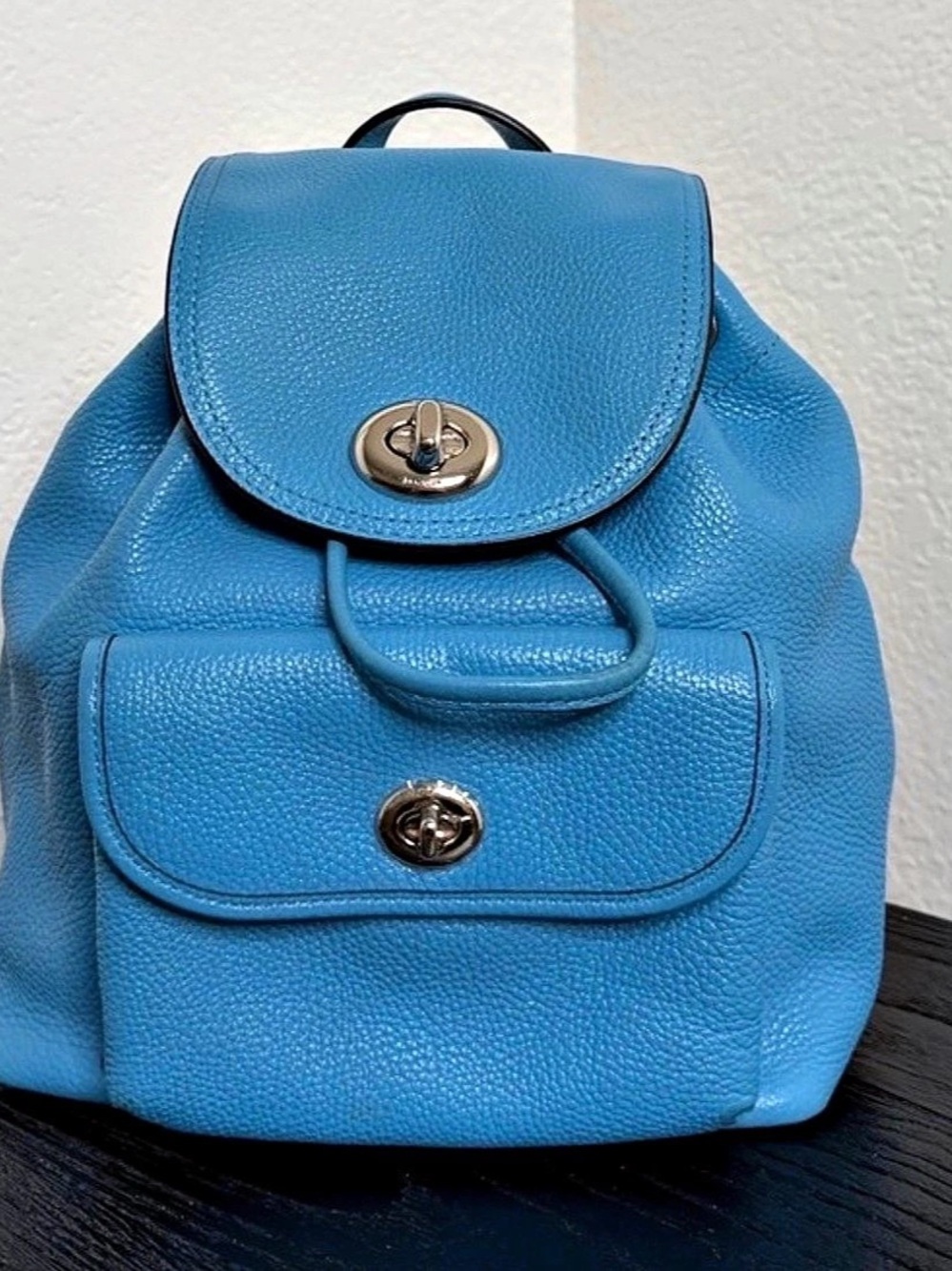 Coach Mini Turnlock Rucksack in Pebble Leather Blue Backpack